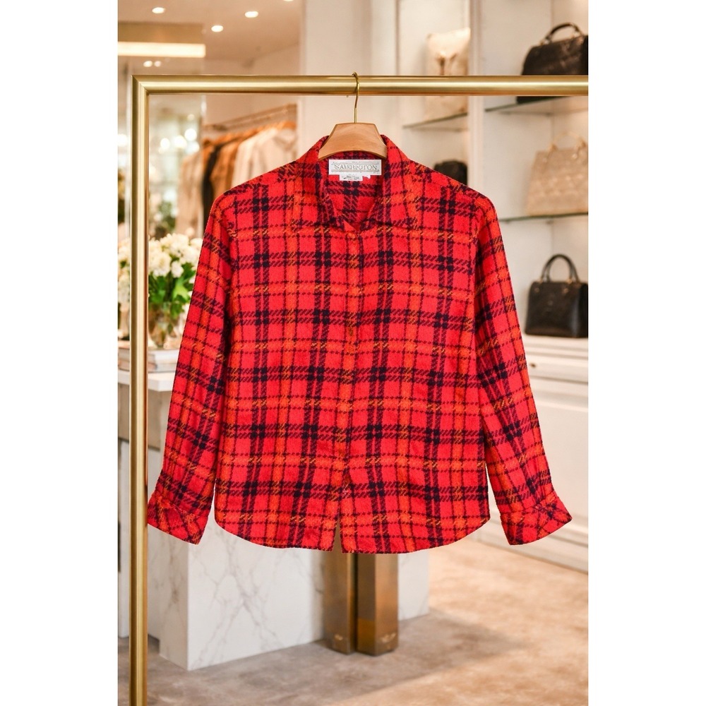 Starington 100%Silk Blouse Red Plaid Button Up Womens Size‎ Small (6) Luxury Top